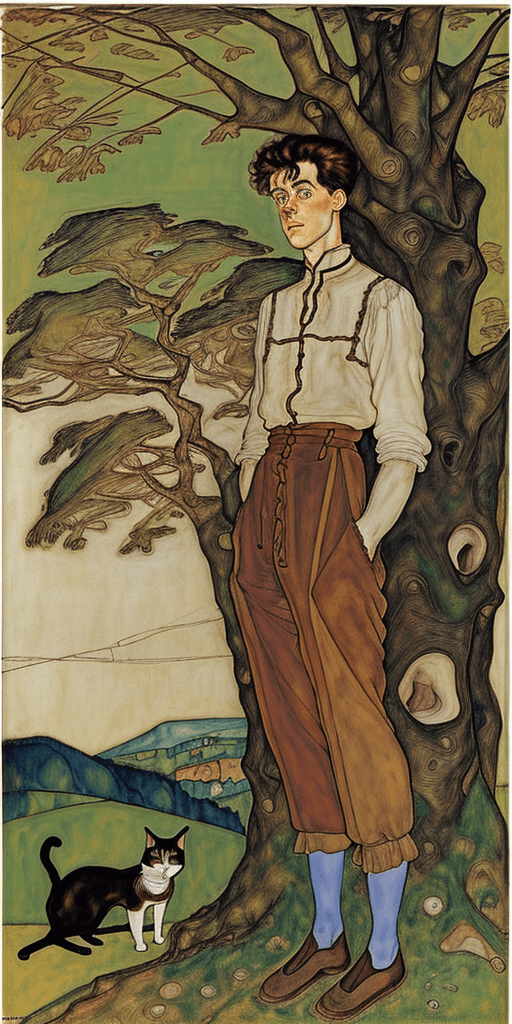 AI generated: Full height side view Portrait of a man Egon Schiele standing near a tree and looking at the cat sit...