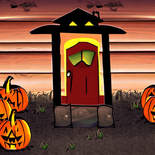 AI generated: Halloween cabin in the woods from a person's perspective arriving at the premise. There is a main bu...