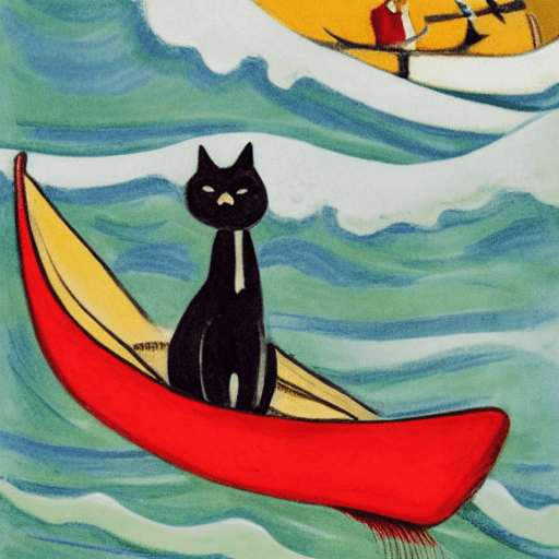 AI generated: Tove Jansson color style illustration : :  black cat in the kayak in the storm, big waves around 