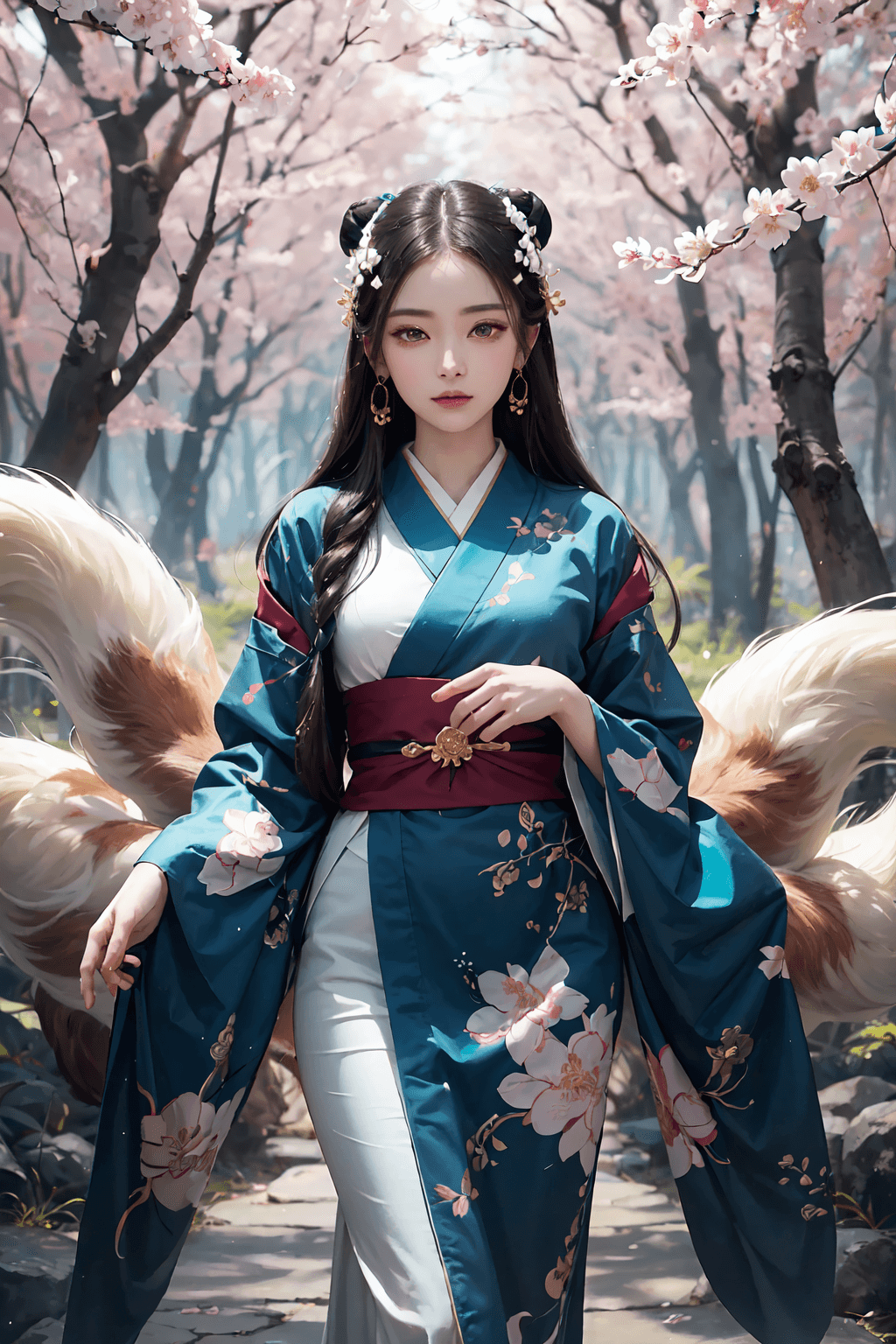 AI generated: In this hyper-maximalist masterpiece, a breathtaking image of the ultimate nine-tailed fox girl unfo...