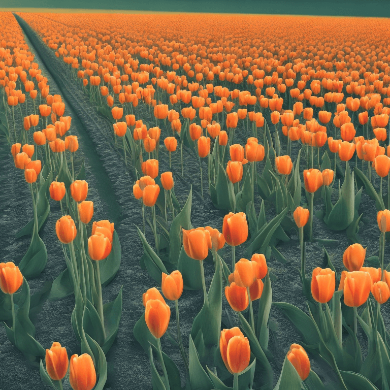 AI generated: Photo of a ultra realistic field of orange tulip flower, pale sunset, 8k, extreme details, cinematic...