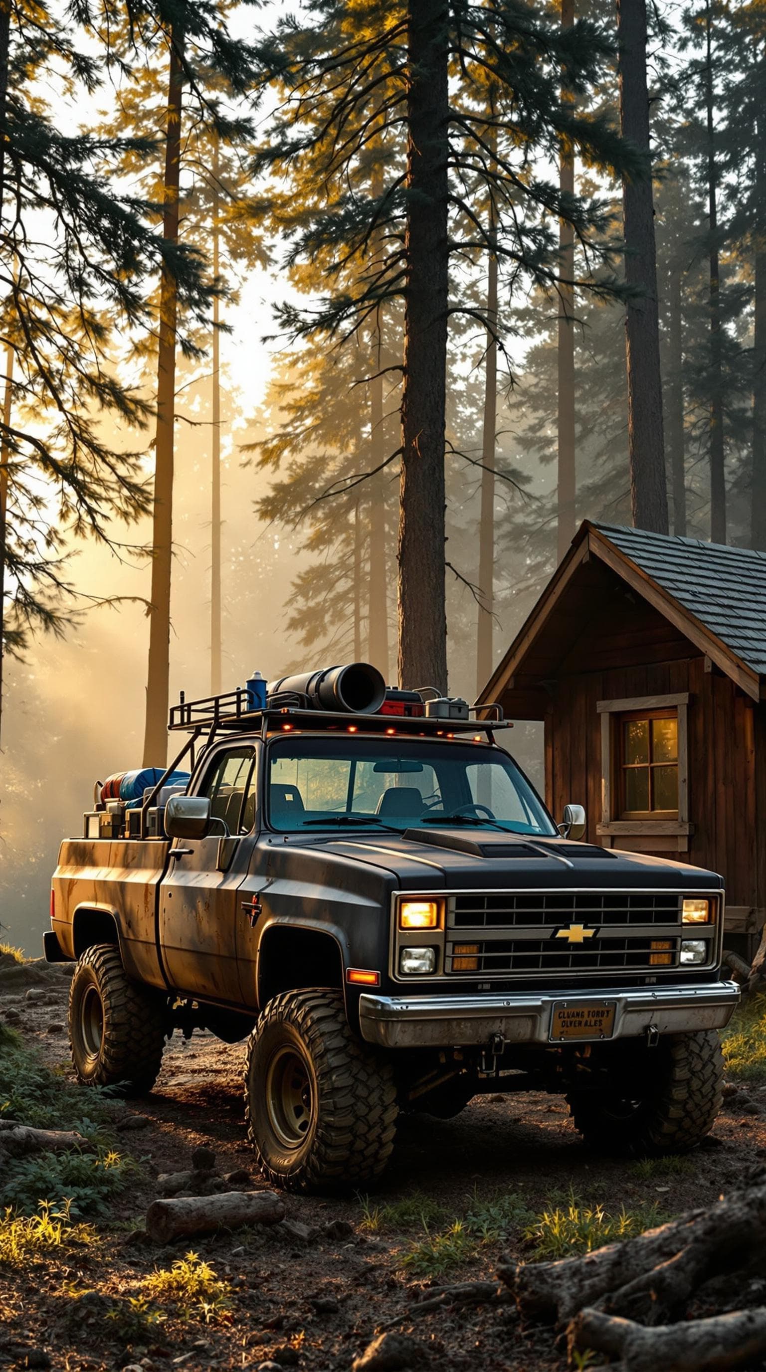 AI generated: A rugged, weathered 1980s Chevrolet Silverado truck, its steel frame rusted with age, the engine blo...