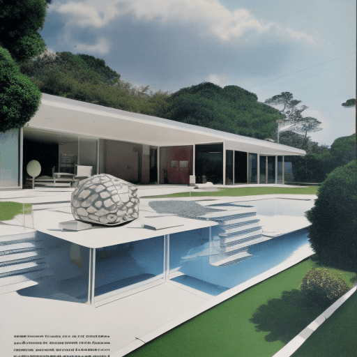 AI generated: Hyper realistic eye level exterior photo of a mid century modern style house overlooking the ocean, ...
