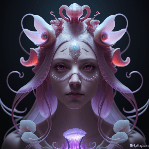 AI generated: Goddess close-up portrait ribcagel. jellyfish phoenix head, nautilus, orchid, skull, betta fish, bio...
