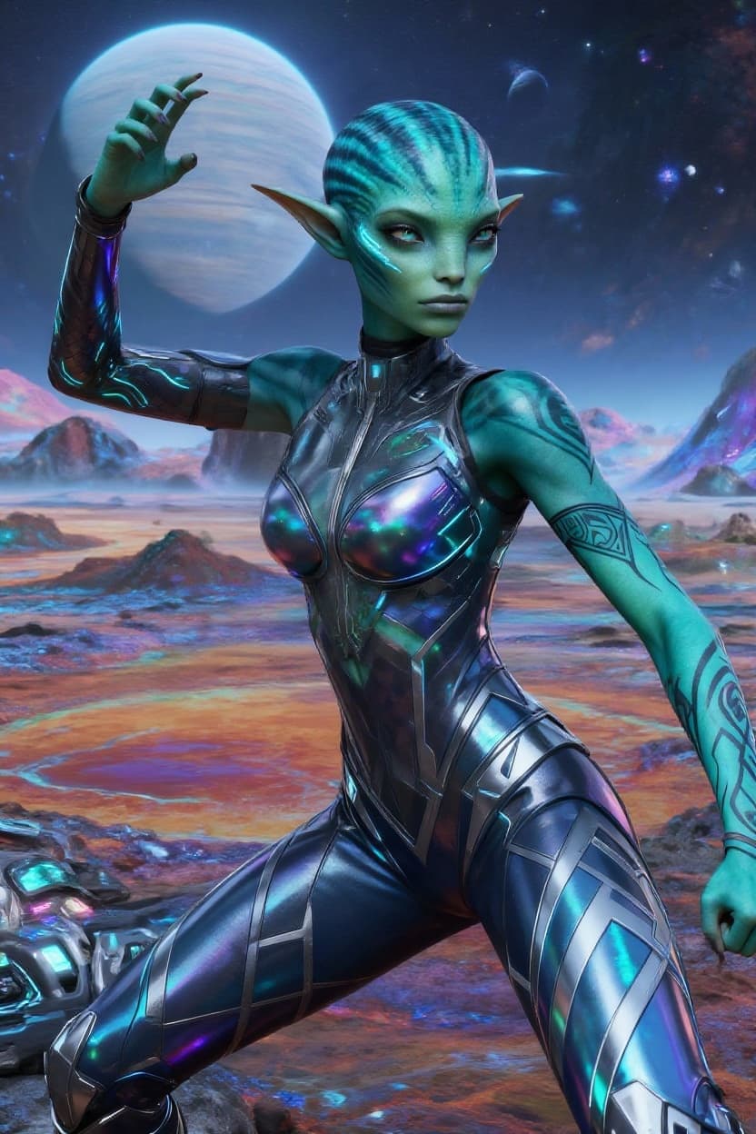 AI generated: Create a new species from this original. Alter with other worldly backdrop, repose the character. If...