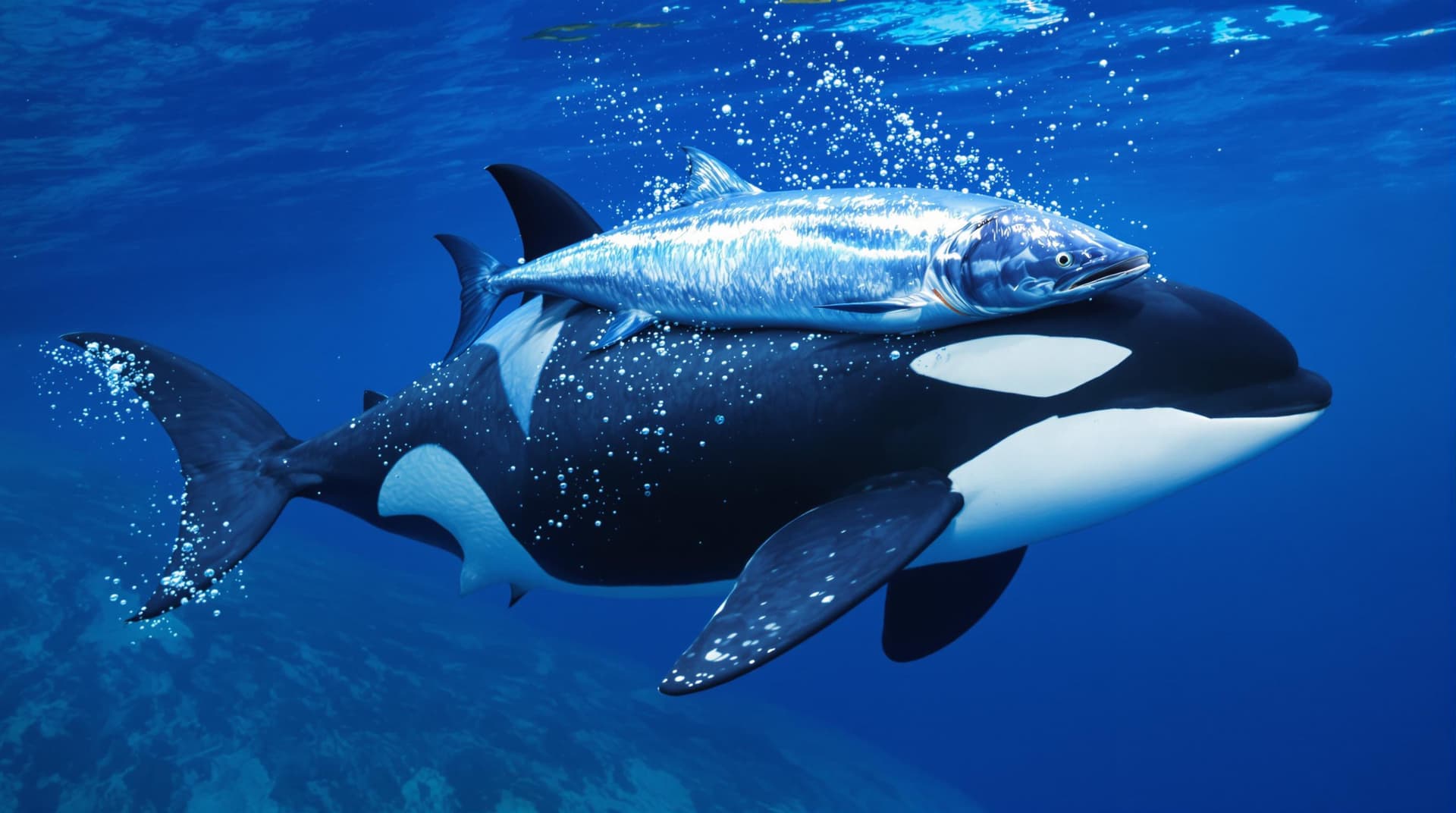 AI generated: A highly realistic Orca swimming in the ocean, wearing a Salmon fish on its head