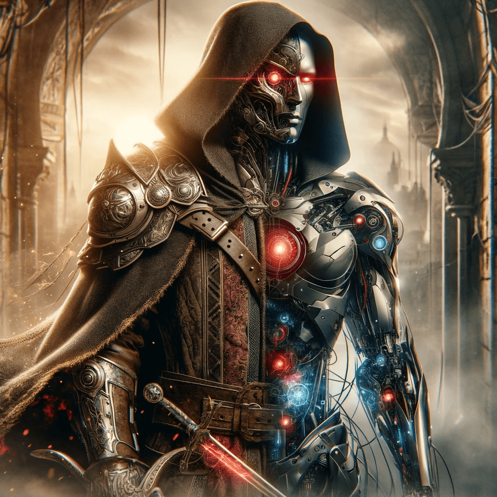 AI generated: Generate an image of a cybernetic mystic in an ancient corridor. The figure has a robotic face with ...