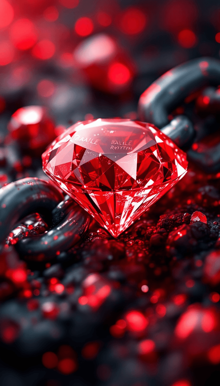 AI generated: big diamond ice out cuba chain. On the Chain is a red diamond and big the text: "BAILE RHYTHM" in a ...