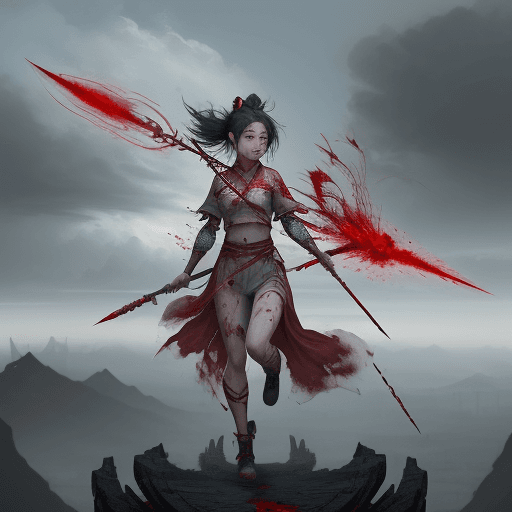 AI generated: 1girl, blood on face, angry, <lora:nezha_20230529030816:0.75>, holding spear, (flying), chinese myth...
