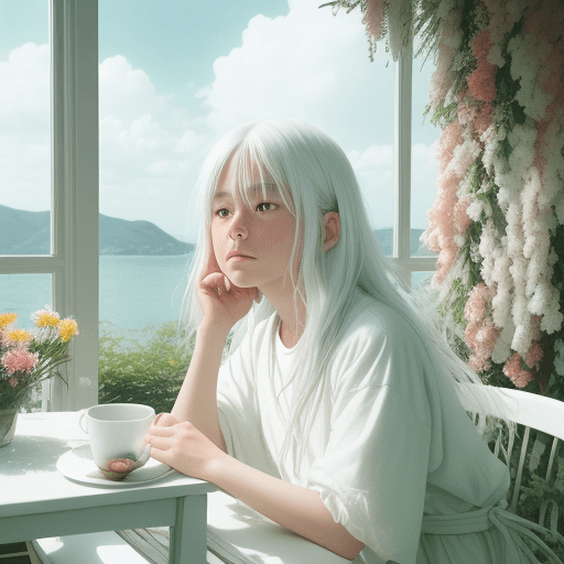 AI generated: a girl with white hair sitting in behind a white table, art by Rinko Kawauchi, in the style ofnatura...