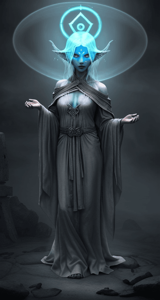 AI generated: an ethereal, spectral being, draped in ancient, rune-covered robes, its form bathed in an eerie, pul...