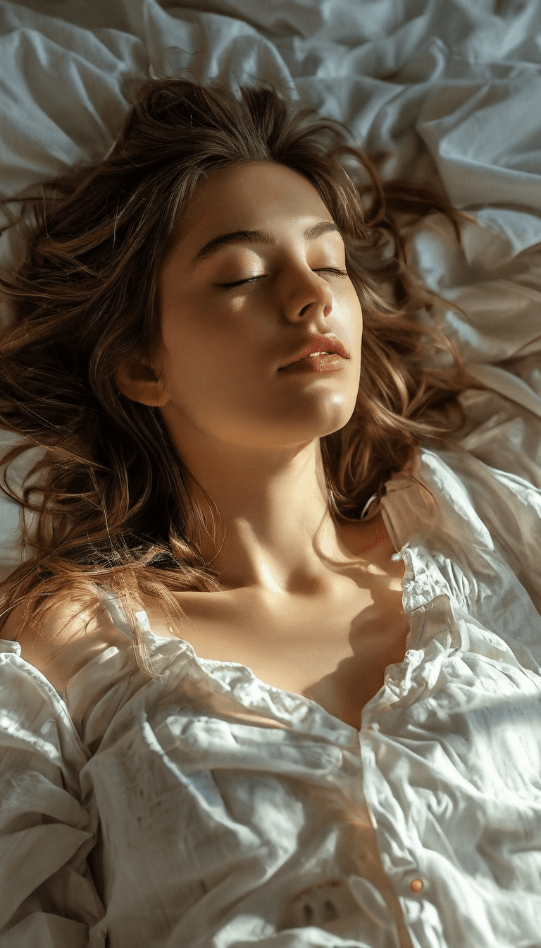 AI generated: A beautiful lady lying on a bed, off white bedding; relax, detailed touches; levity; ultra realistic...