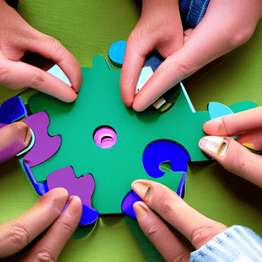 AI generated: Viewed from above, an image of five students sitting at a round table each holding a piece of a jigs...
