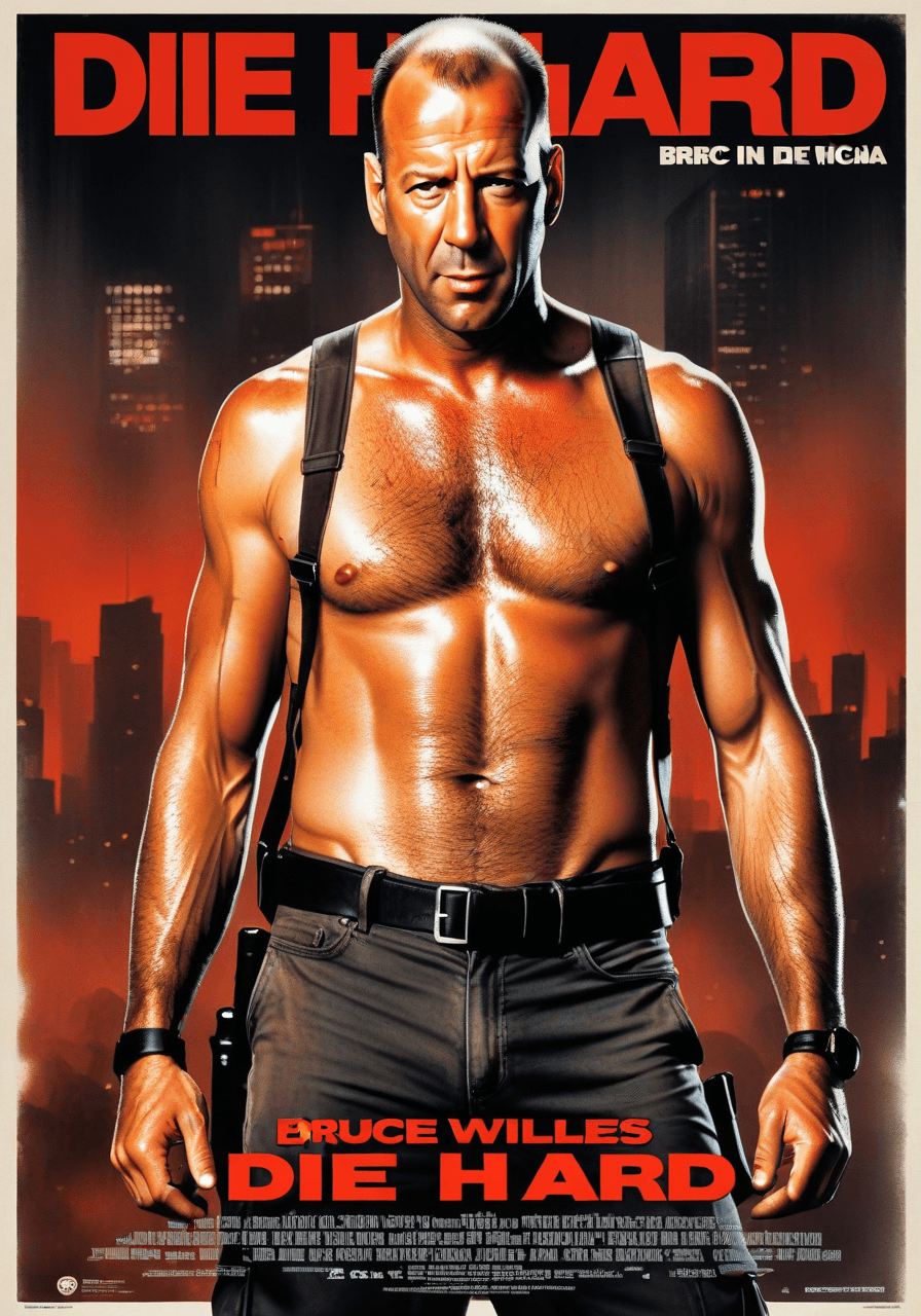 AI generated: Image of a vintage movie poster, "John McClane" (Bruce-Willis) from the Die Hard saga, 80s style. Be...