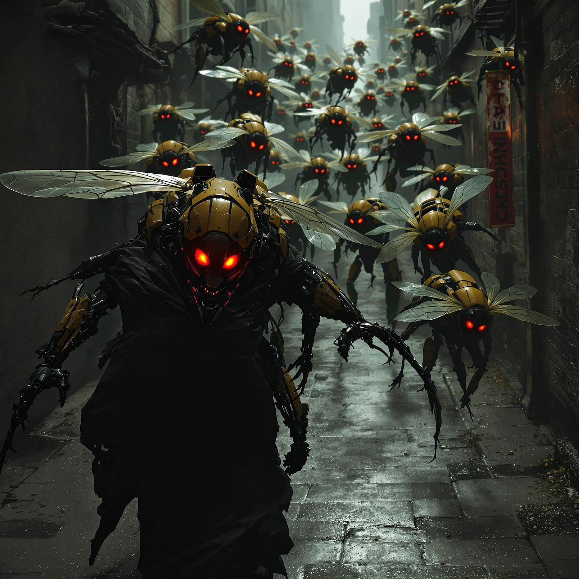 AI generated: A swarm of mechanical bees with glowing red eyes chasing a figure through a dark alley.