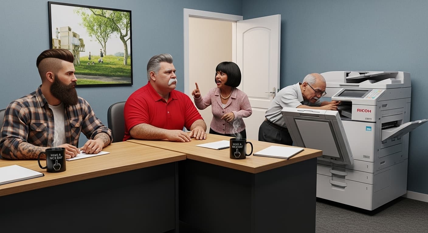 AI generated: Generate a realistic lifelike image of a small office, there are two corner desks opposite each othe...