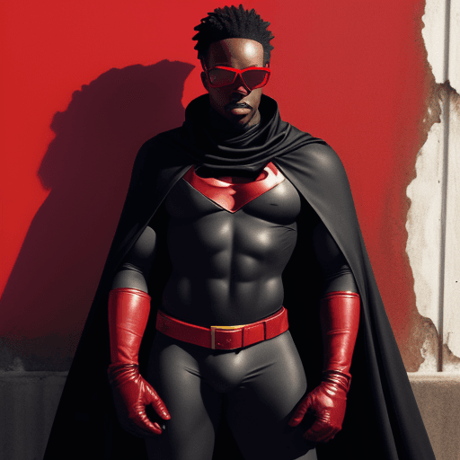 AI generated: a black man wear a  cape, cowl, gloves, briefs, and boots are usually black blue with the body of th...