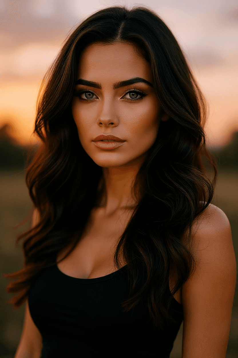 AI generated: "Warm, soft lighting, slightly dark tones, dreamy atmosphere. Portrait of a supermodel with long wav...