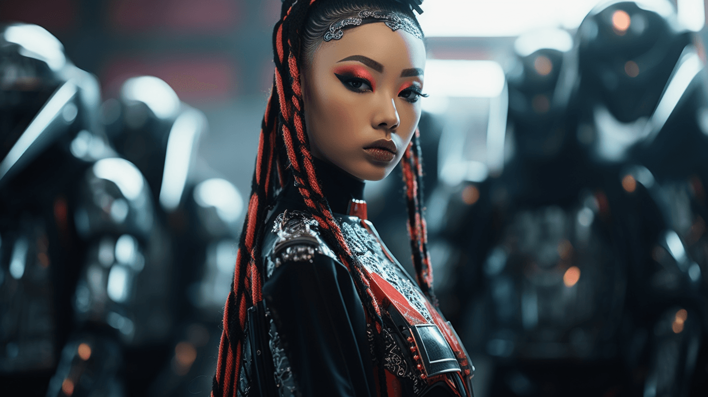 AI generated: Rina Sawayama as cybernetic samurai, Sony a7R IV camera, Meike 85mm F1.8 lens, wide-angle shot, full...