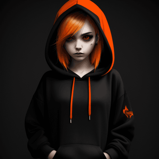 AI generated: emo girl in black hoodie with orange highlights