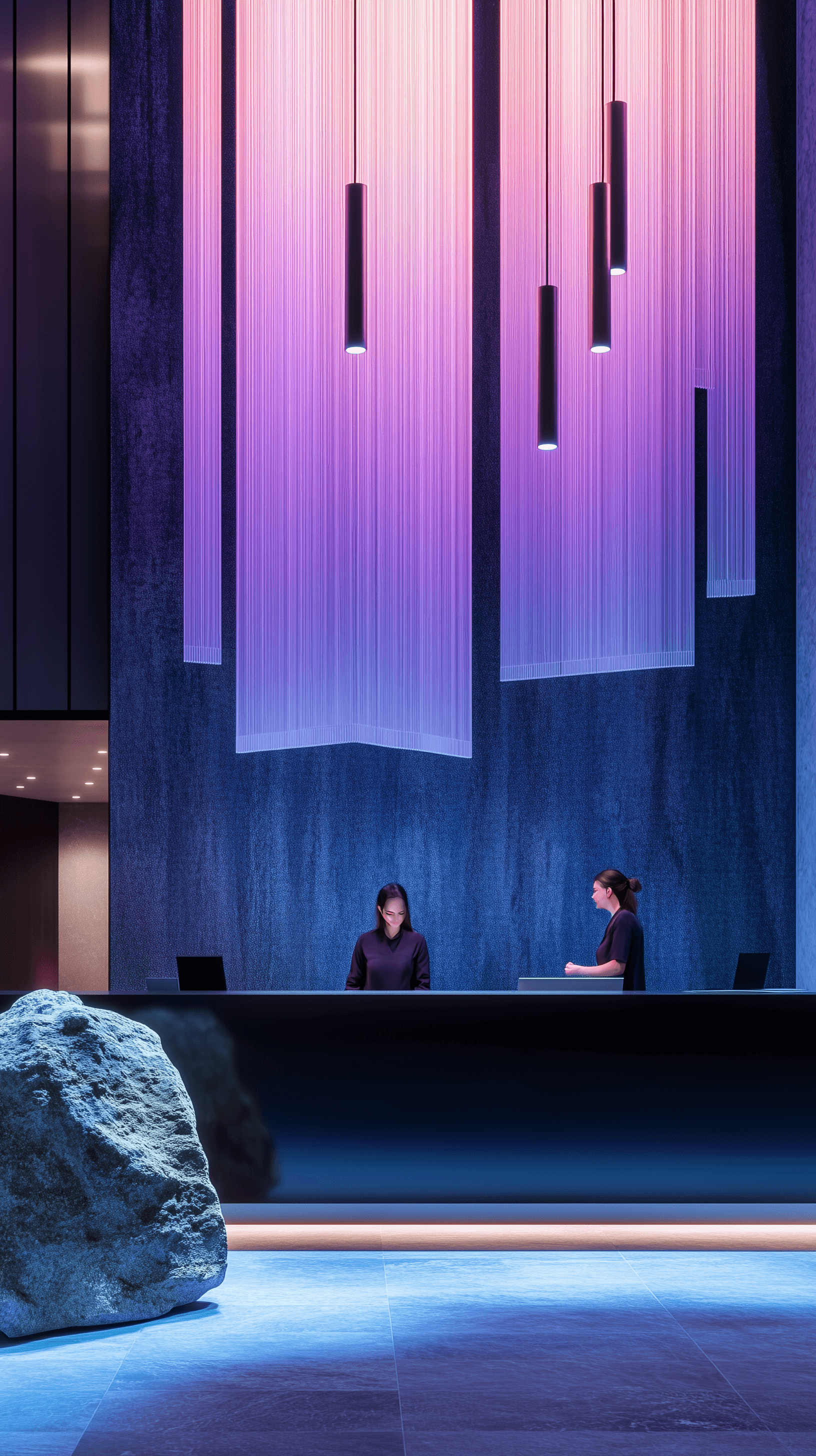 AI generated: architectural photography, perspective, interior space, vertical light panels transition from vibran...