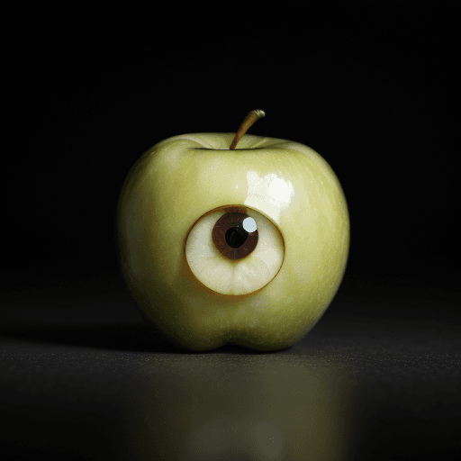 AI generated: an apple with 2 big eyes on a black background