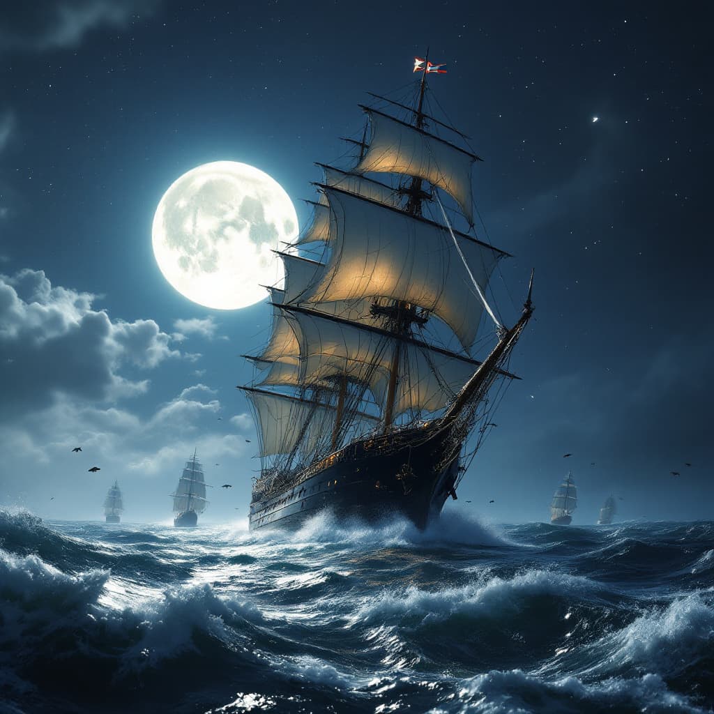 AI generated: Photo of an ultra-realistic sailing yacht the EOS, in dramatic moon light, stars across the sky, hea...