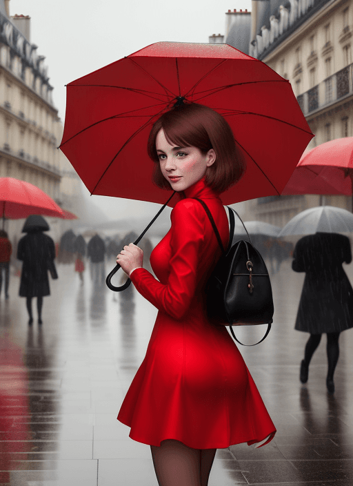 AI generated: girl in a red dress under a red umbrella in Paris in the rain