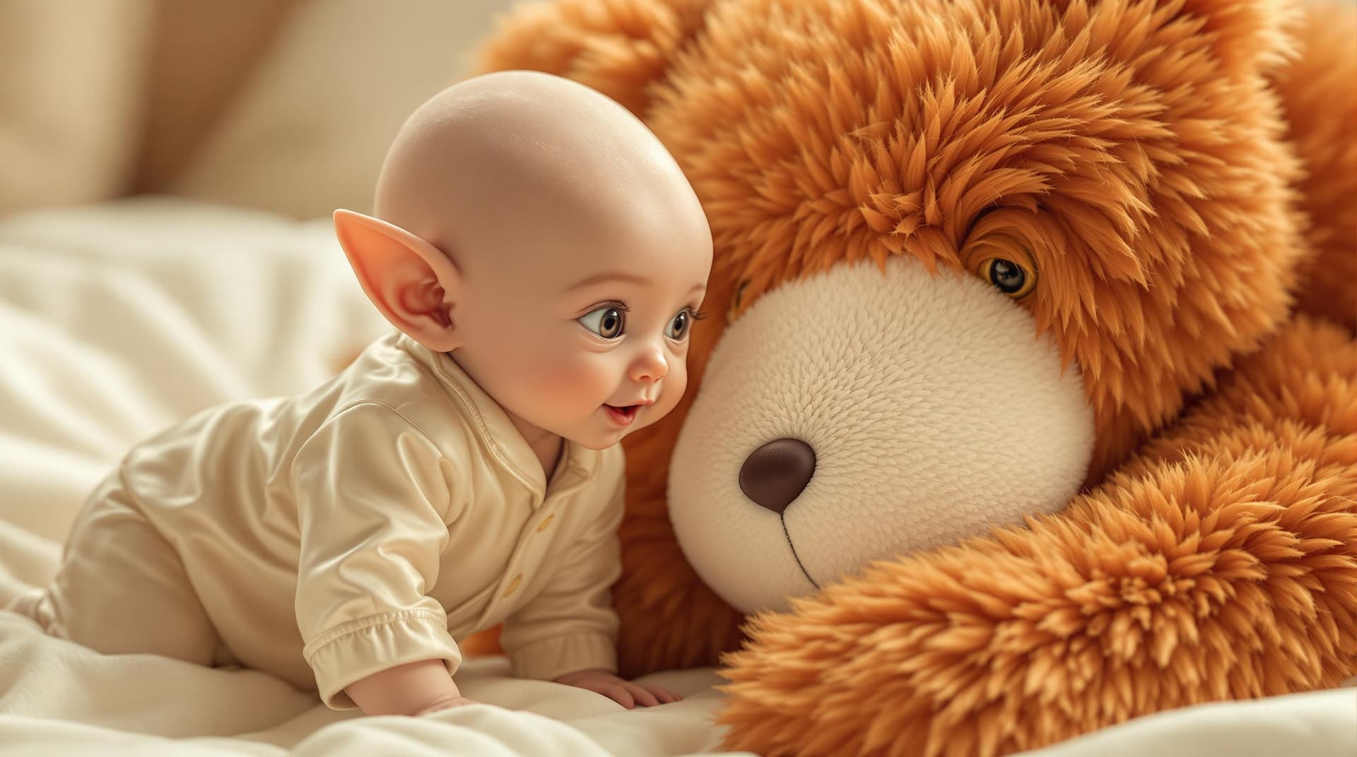 AI generated:  a beautiful and (cute alien baby ) with topaz color eyes,pointed ears, wearing a silk white adorabl...