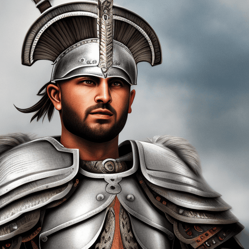 AI generated: A man wearing an armor similar to the Roman centurions, with two ram heads on the chest, a white tun...
