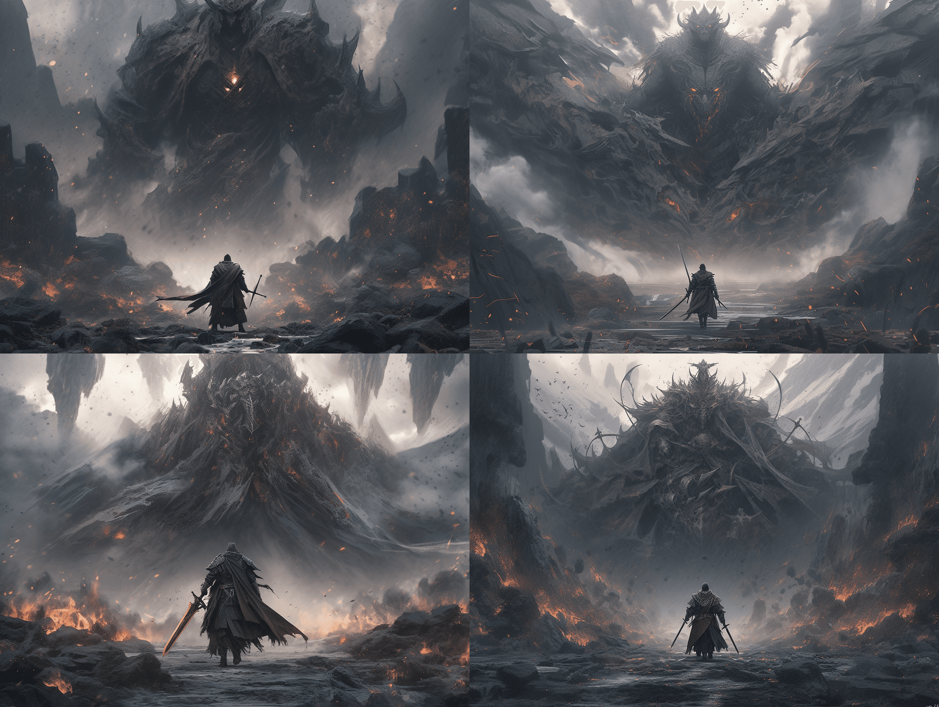 AI generated: A warrior rushes into a canyon with double swords in hand, valley abyss, smoke, stormy ocean, sense ...