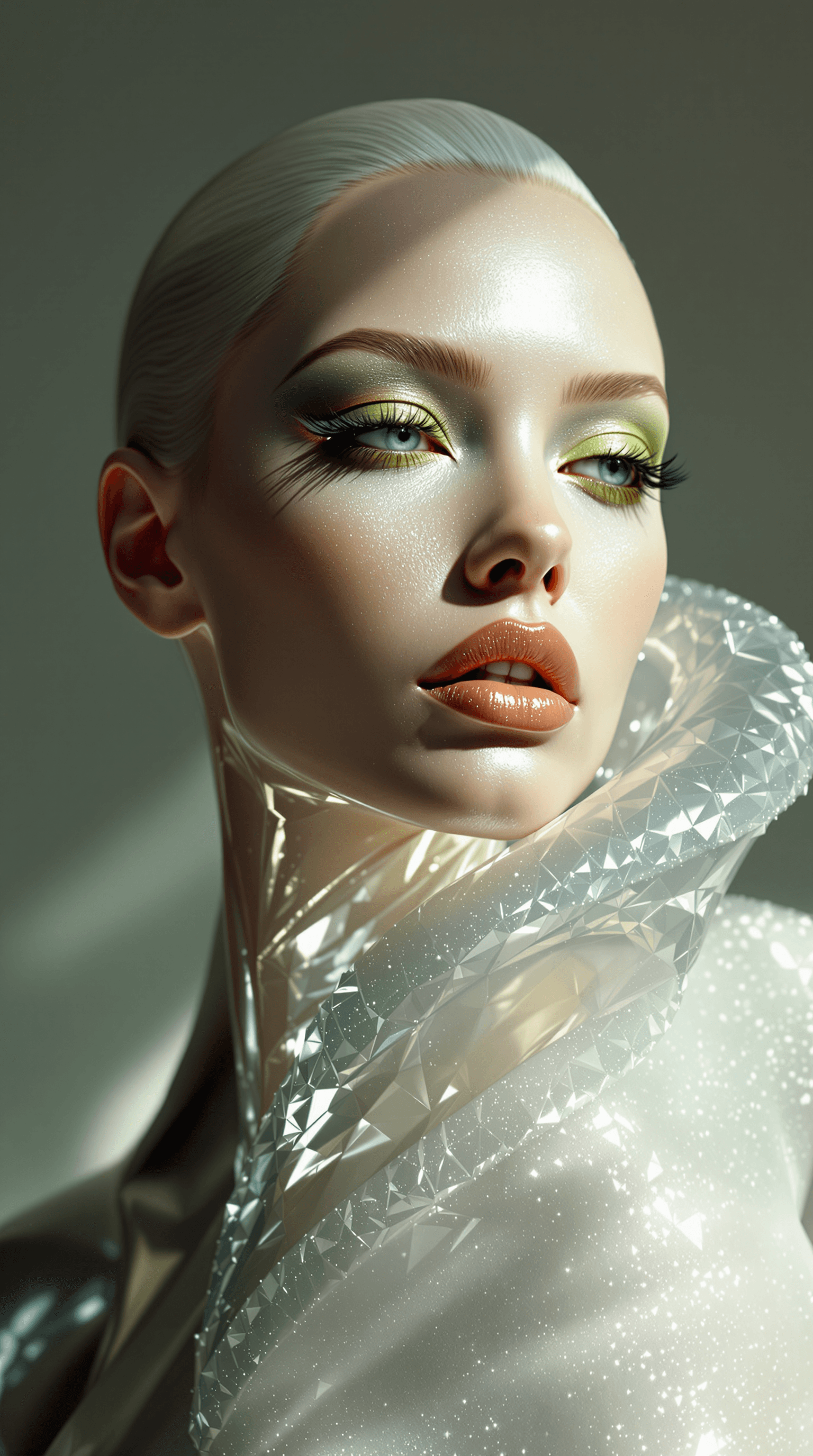 AI generated: Un retrato de un modelo futurista con una piel extremadamente brillante, casi reflectante, que brill...