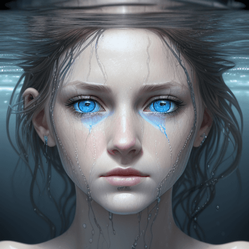 AI generated: the face of woman with beautiful blue eyes, in water, in the style of dystopian realism, realistic p...