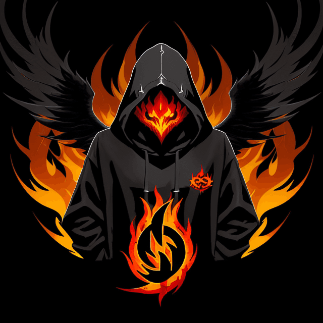 AI generated: The image features a stylized logo of a hooded shadow killer character, dark flames, with a white bo...