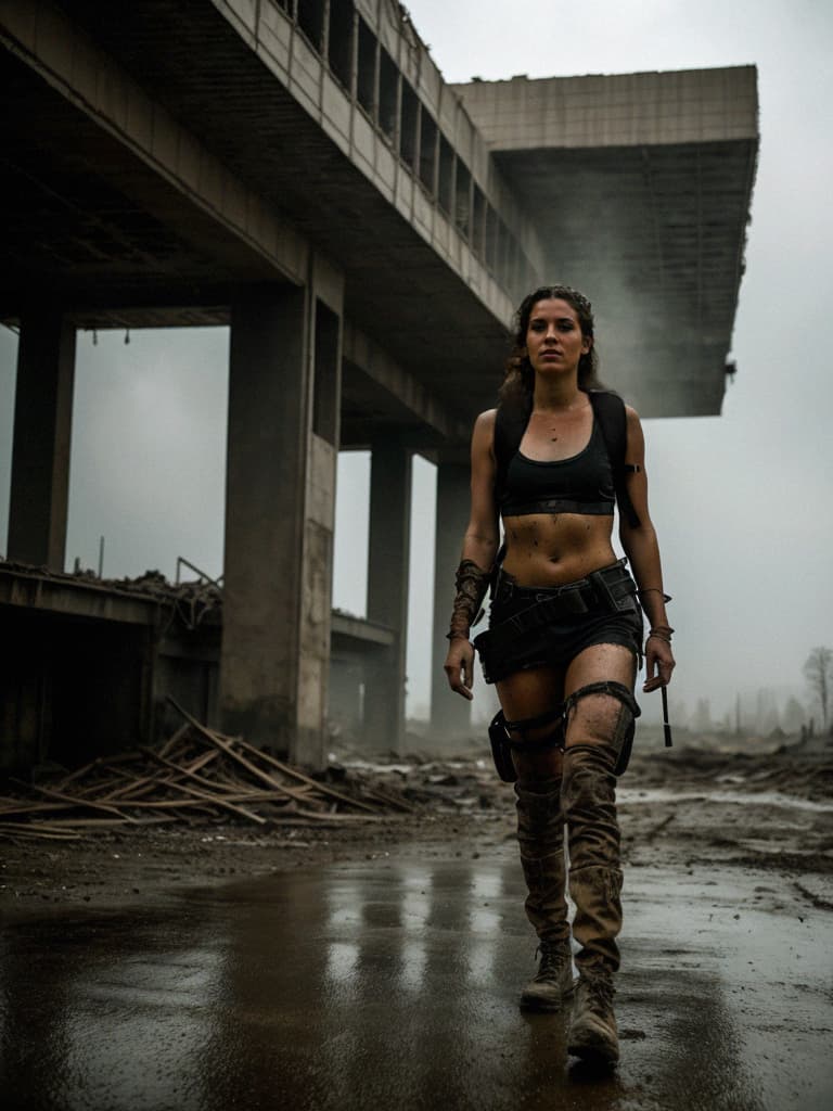 AI generated: RAW photo, photo of a good-looking woman in post-apocalyptic clothing with a backpack, dystopian era