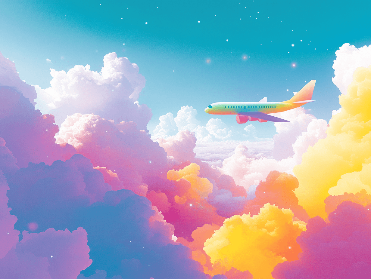 AI generated: Cartoon painting, a small cartoon paper cut airplane flying in light blue sky, light blue proportion...