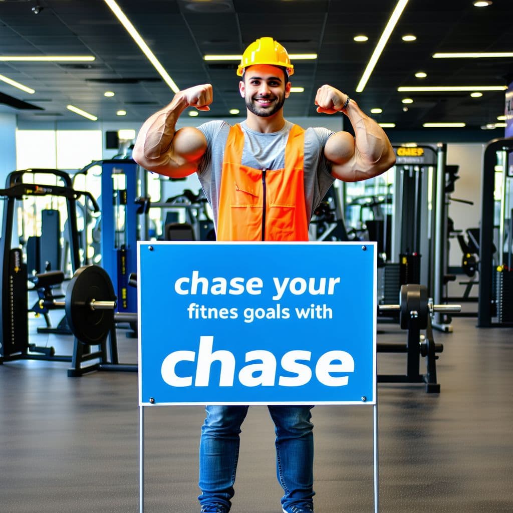 AI generated: a sign with a big builder flexing his muscles that says chase your fitness goals with chase, in a gy...