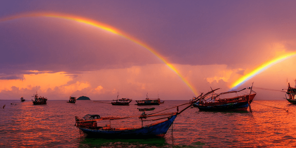 AI generated: sunset in thailand islands with fishing boats, and rainbow in sky  --ar 4:5 --s 5000 --uplight