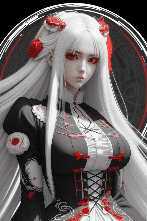 AI generated: anime manga style,long white hair,red black white deatils,,,, highly detailed,Cinematic Lightingethe...