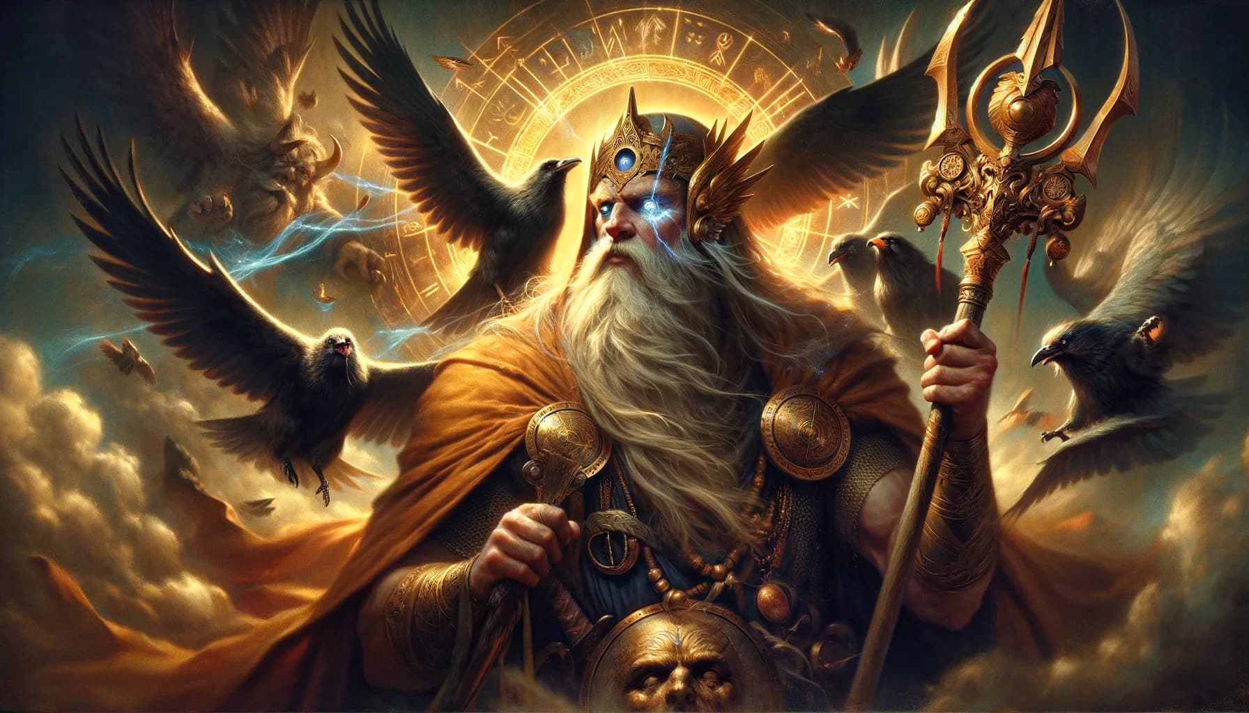 AI generated: Imagine a scene depicting Odin, the Norse god, in a style similar to the old-time masters, akin to t...
