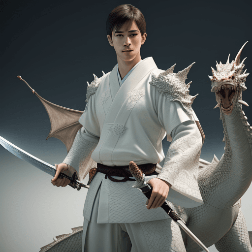 AI generated: A young man, 25 years old, holding a sword, dressed in traditional Japanese white attire, with a coo...