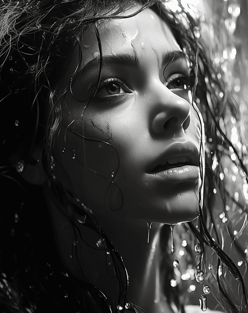 AI generated: girl with water sprays on her face black and white, in the style of daz3d, hyperrealistic marine lif...