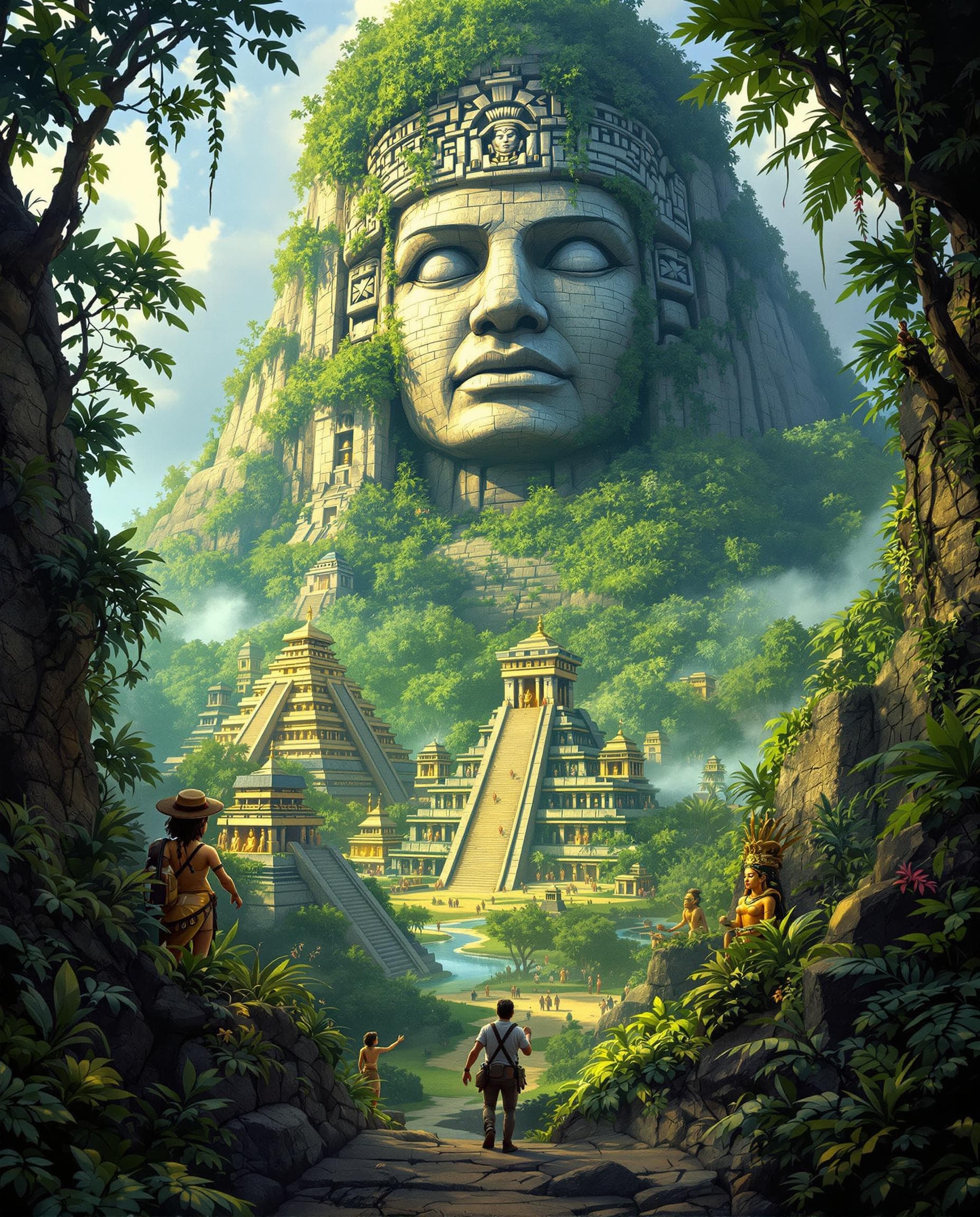 AI generated: Create an image of explorers ((giant Mayan face carved into a mountain overlooking a jungle city of ...