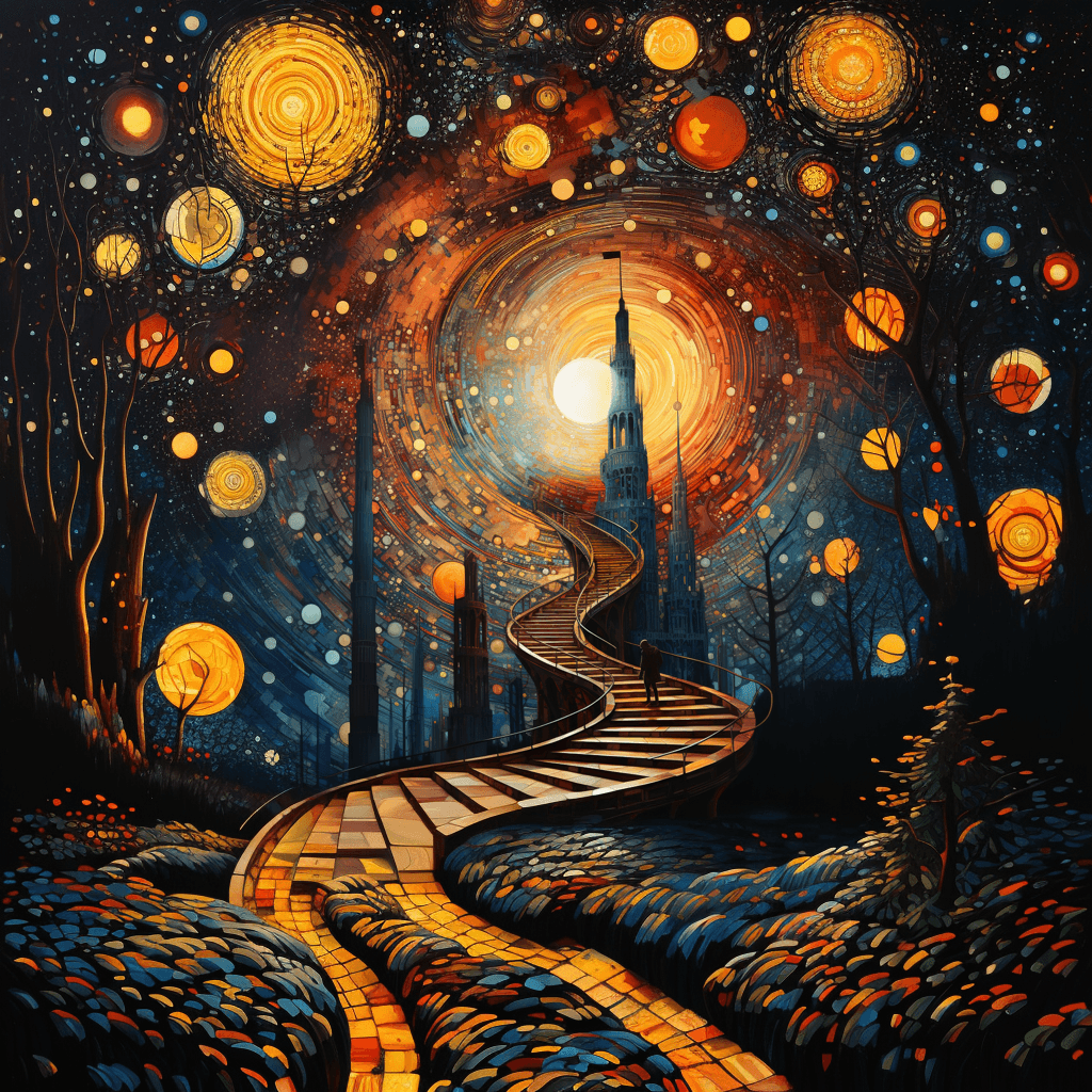 AI generated: Led Zeppelin´s Stairway to heaven", fine detailed pointillism painting + low-angle view, hyper-reali...