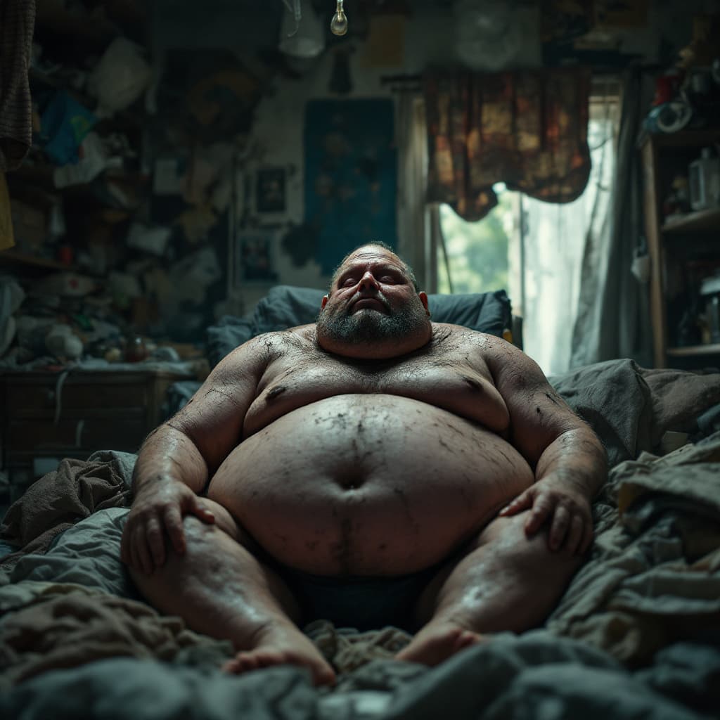 AI generated: morbid fat guy, greasy, sweaty skin, dirty tank, seated on a disorganised bed, chaotic room, hoarder...