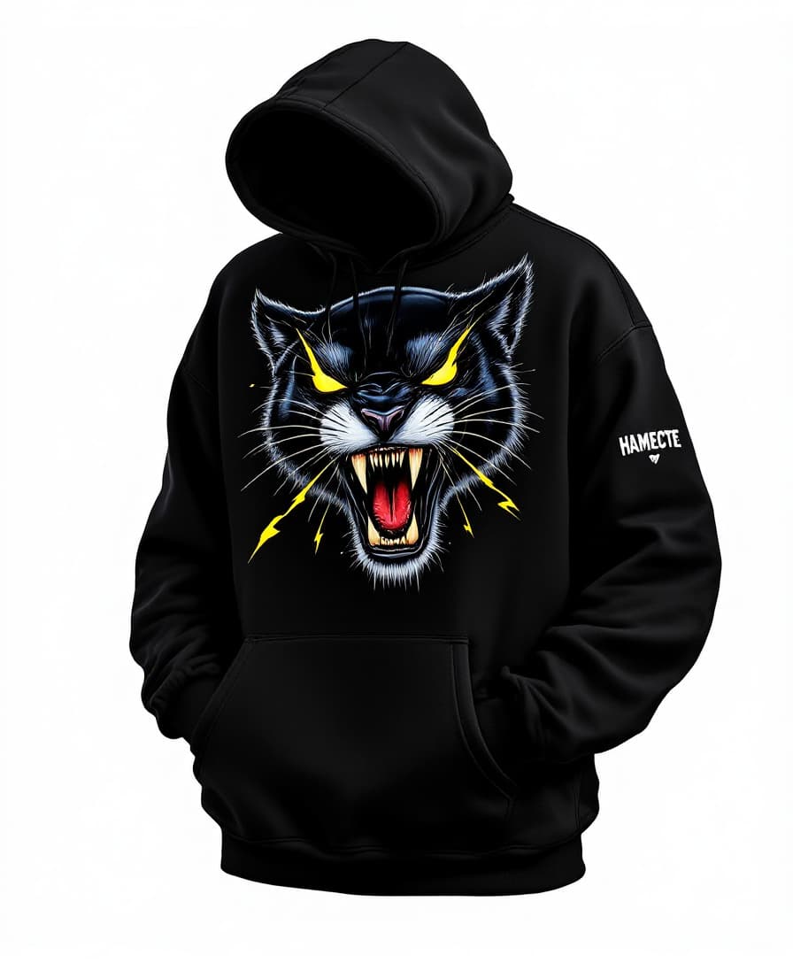 AI generated: photo on a white neutral background for a clothing catalog. photo of a black loose hoodie with a hoo...