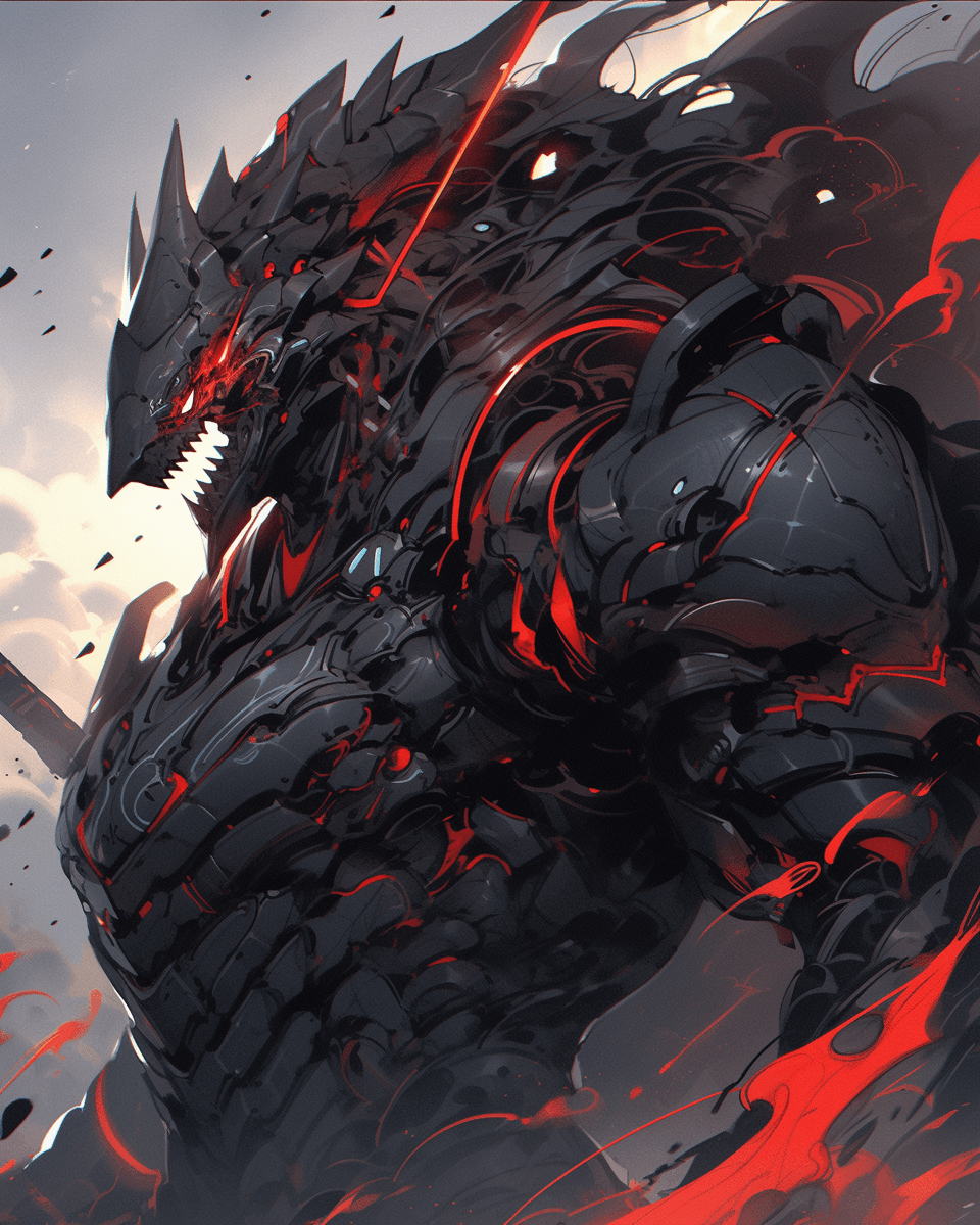 AI generated: a fantasy version of the king of wrath, in the style of mecha anime, light black and red, yanjun che...