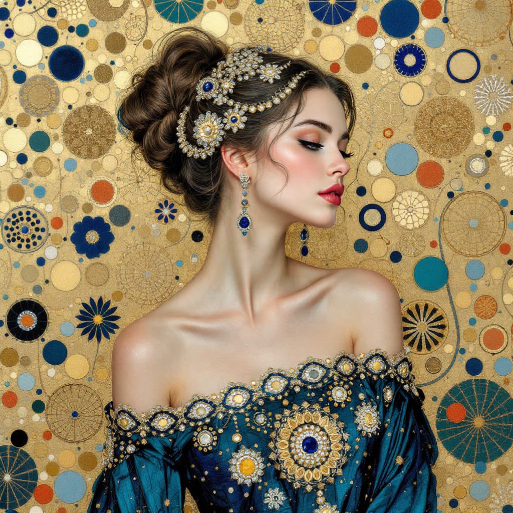AI generated: Um retrato detalhado e artístico no estilo de Gustav Klimt, apresentando uma mulher com um penteado ...