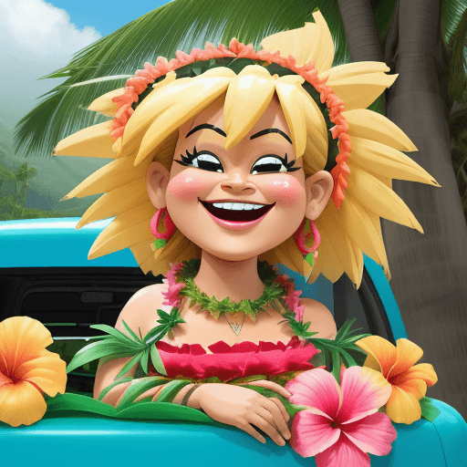 AI generated: bobb;e head toy, beautiful, hawaiian hula dancer, laughing, grass skirt, Hawaiian Jumbo Necklace Mah...