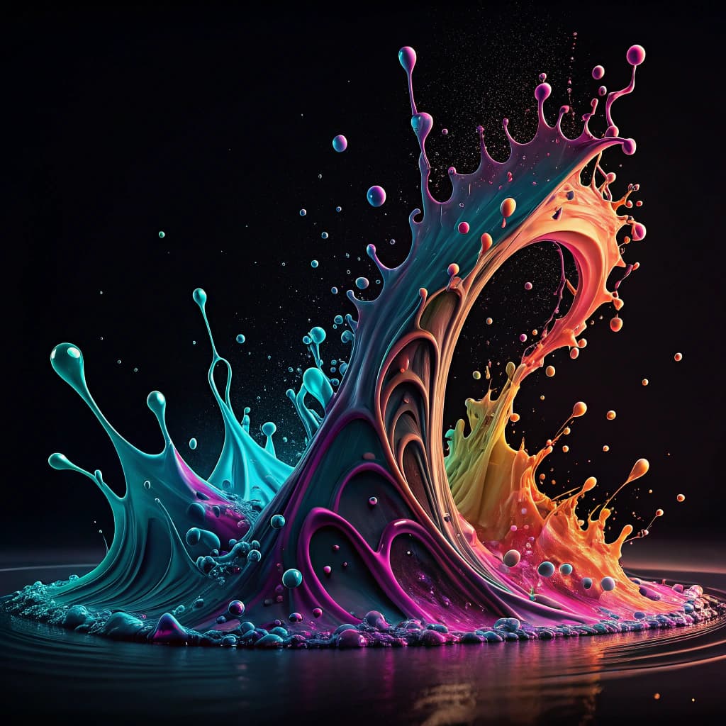AI generated: fluid patterns, neon, liquids, splashes, black background, studio light, pattern, many details, wall...